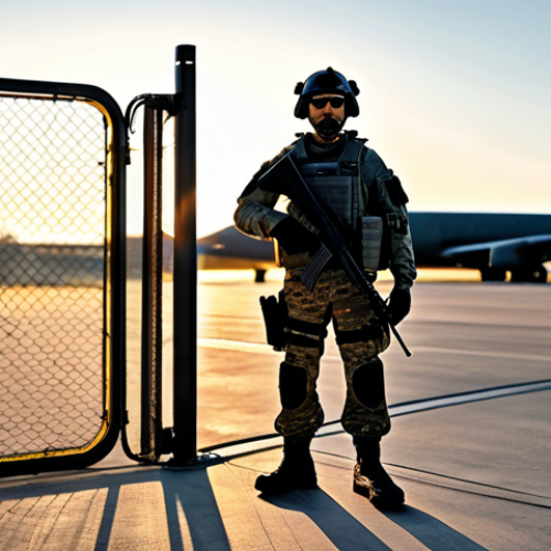 Home 4 **
"A professional security team member, fully clothed in tactical gear, patrolling the perimeter of an airbase at sunrise. The background includes military aircraft and secure fencing. Appropriate attire, safe for work, perfect anatomy, correct proportions, natural pose, professional photography, high resolution, detailed textures, family-friendly."
**