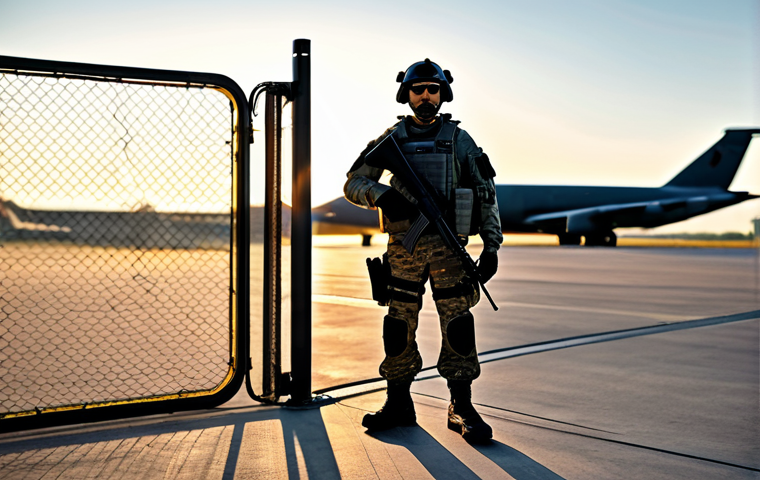 **

"A professional security team member, fully clothed in tactical gear, patrolling the perimeter of an airbase at sunrise. The background includes military aircraft and secure fencing.  Appropriate attire, safe for work, perfect anatomy, correct proportions, natural pose, professional photography, high resolution, detailed textures, family-friendly."

**