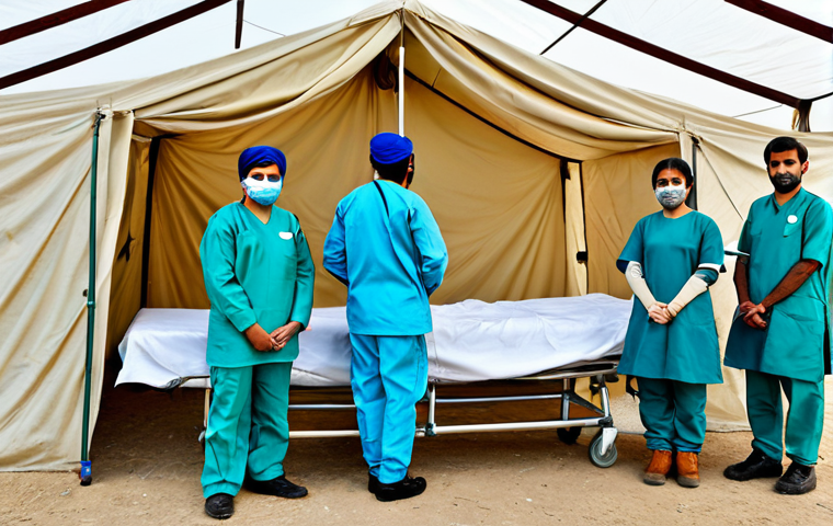 Field Hospital Setup**

"A well-organized and clean field hospital tent, set up in a rural area of Pakistan, daytime, with Pakistan Air Force medical personnel (doctors and nurses) in appropriate medical attire (fully clothed scrubs, masks), attending to patients.  Include modern medical equipment, orderly arrangement, focus on professionalism and care, safe for work, appropriate content, family-friendly, fully clothed, perfect anatomy, correct proportions, natural pose, professional setting, high quality."

**