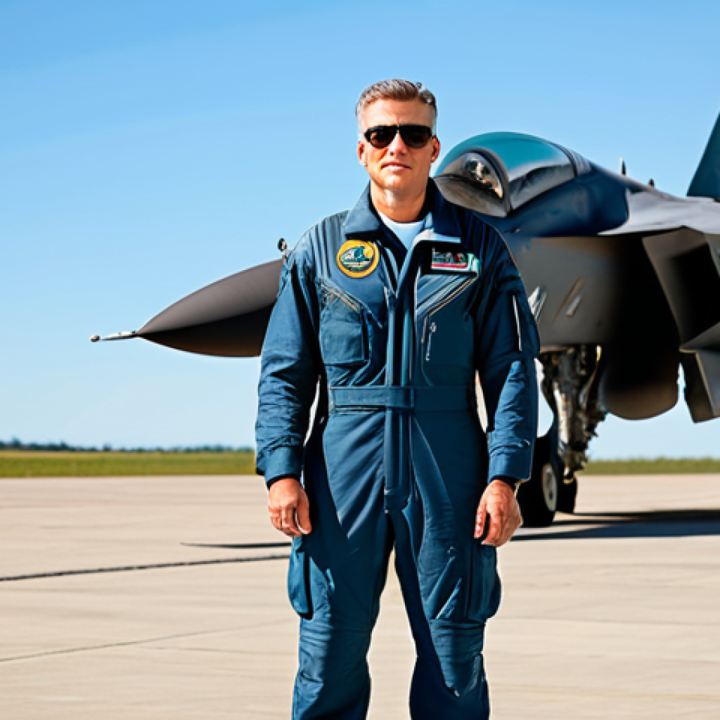 **

A modern air force pilot, fully clothed in a professional flight suit, standing confidently in front of a fighter jet on a sunny airfield, appropriate attire, safe for work, perfect anatomy, natural proportions, professional photography, family-friendly.

**