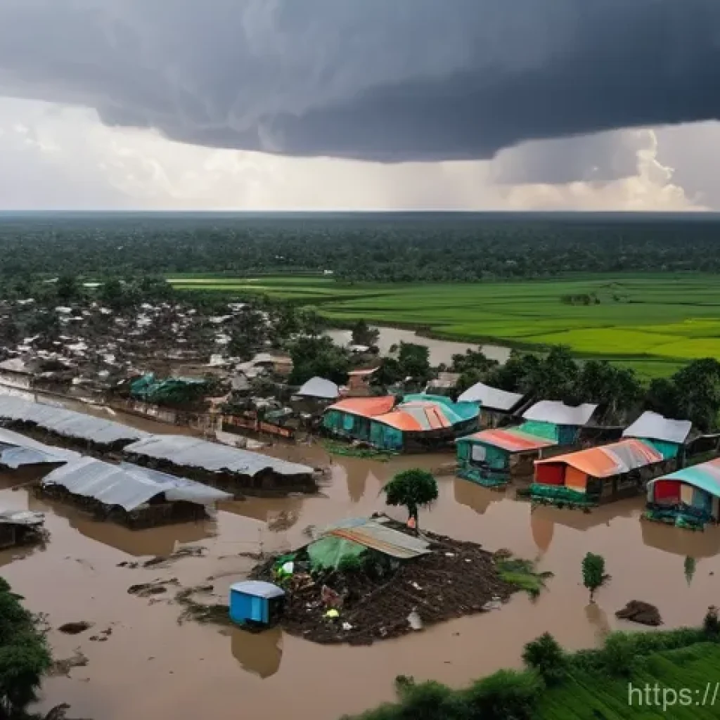공군 수송기 활용 사례 - Emergency Aid Delivery in a Flood-Stricken Village**
* **Prompt:** A powerful military transport ...