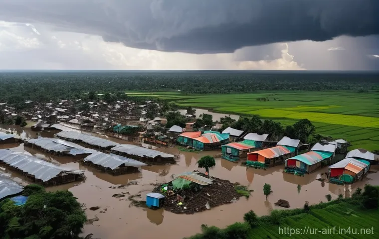 공군 수송기 활용 사례 - Emergency Aid Delivery in a Flood-Stricken Village**

*   **Prompt:** A powerful military transport ...