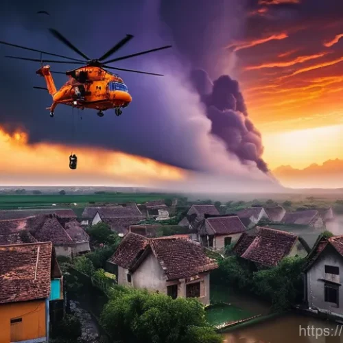 공군의 공군 구조 헬기 운용 - A breathtaking, cinematic shot of a powerful Air Force rescue helicopter, a symbol of hope, hovering...