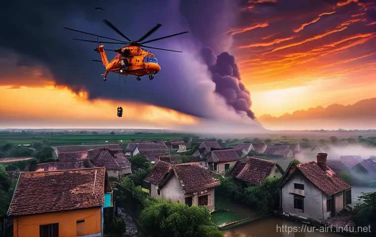 공군의 공군 구조 헬기 운용 - A breathtaking, cinematic shot of a powerful Air Force rescue helicopter, a symbol of hope, hovering...