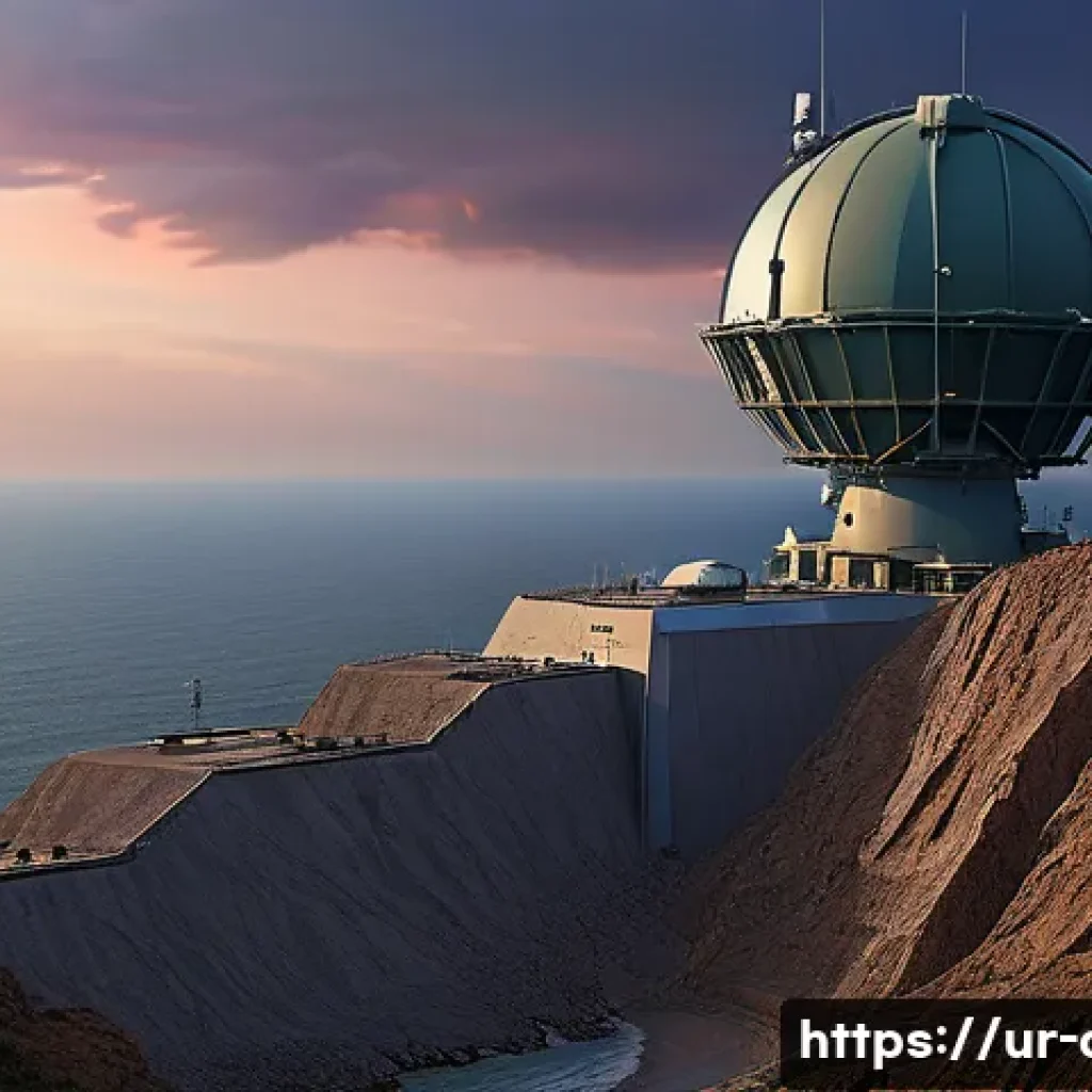 공군의 레이더 기지 역할 - A highly detailed, realistic depiction of a modern radar base situated on a rugged coastal cliff in ...