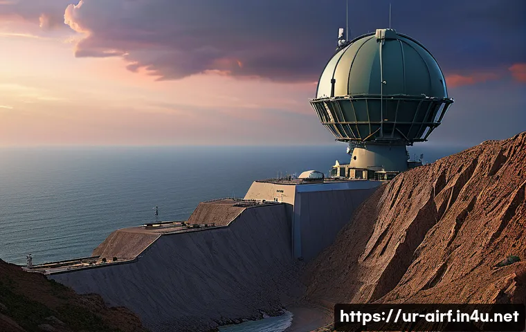 공군의 레이더 기지 역할 - A highly detailed, realistic depiction of a modern radar base situated on a rugged coastal cliff in ...