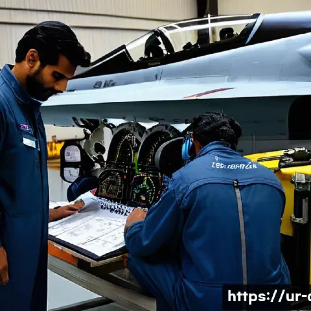 공군의 공군 정비병 역할 - A detailed scene inside a Pakistani Air Force maintenance hangar showing a diverse team of technicia...