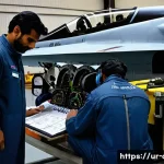 공군의 공군 정비병 역할 - A detailed scene inside a Pakistani Air Force maintenance hangar showing a diverse team of technicia...