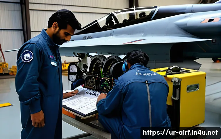 공군의 공군 정비병 역할 - A detailed scene inside a Pakistani Air Force maintenance hangar showing a diverse team of technicia...