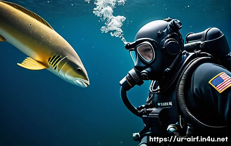 공군의 공군 특수부대 수중 침투 작전 - A highly detailed underwater military special forces operation scene, showcasing a team of elite div...