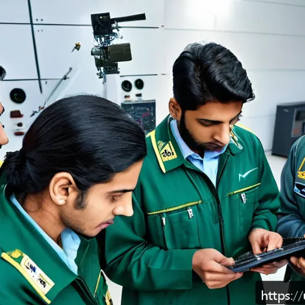 공군의 공군 기술병 모집 - A detailed scene of young Pakistani technical staff in the Pakistan Air Force training academy, dres...