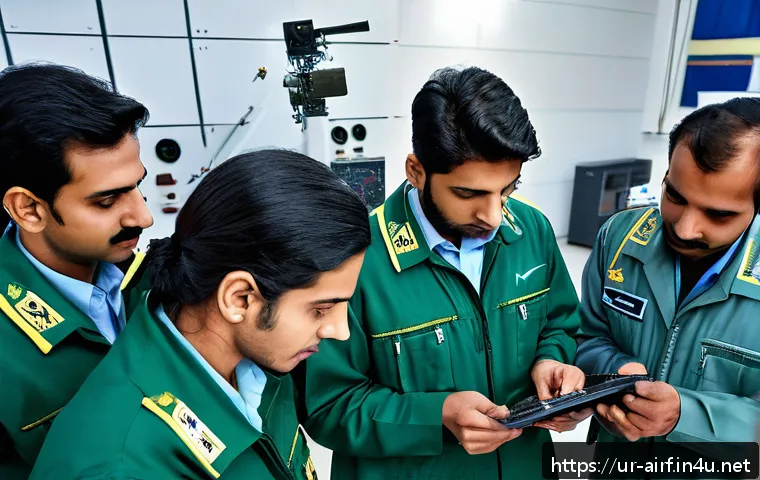 공군의 공군 기술병 모집 - A detailed scene of young Pakistani technical staff in the Pakistan Air Force training academy, dres...