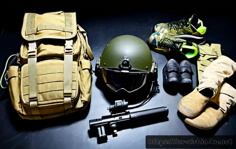 Home 17 공군의 공군 특수부대 장비 - Photorealistic flat lay of modern air force special operations equipment arranged neatly on a dark t...